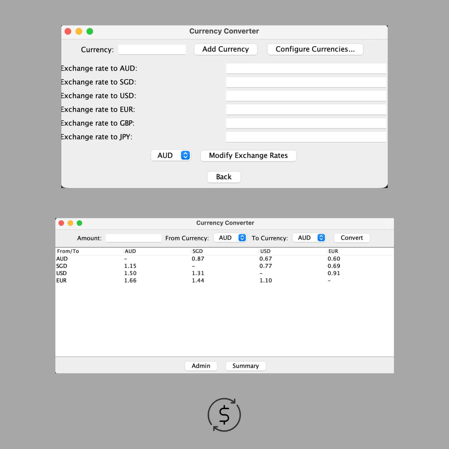 Currency Converter interface with exchange-rate management and conversion windows